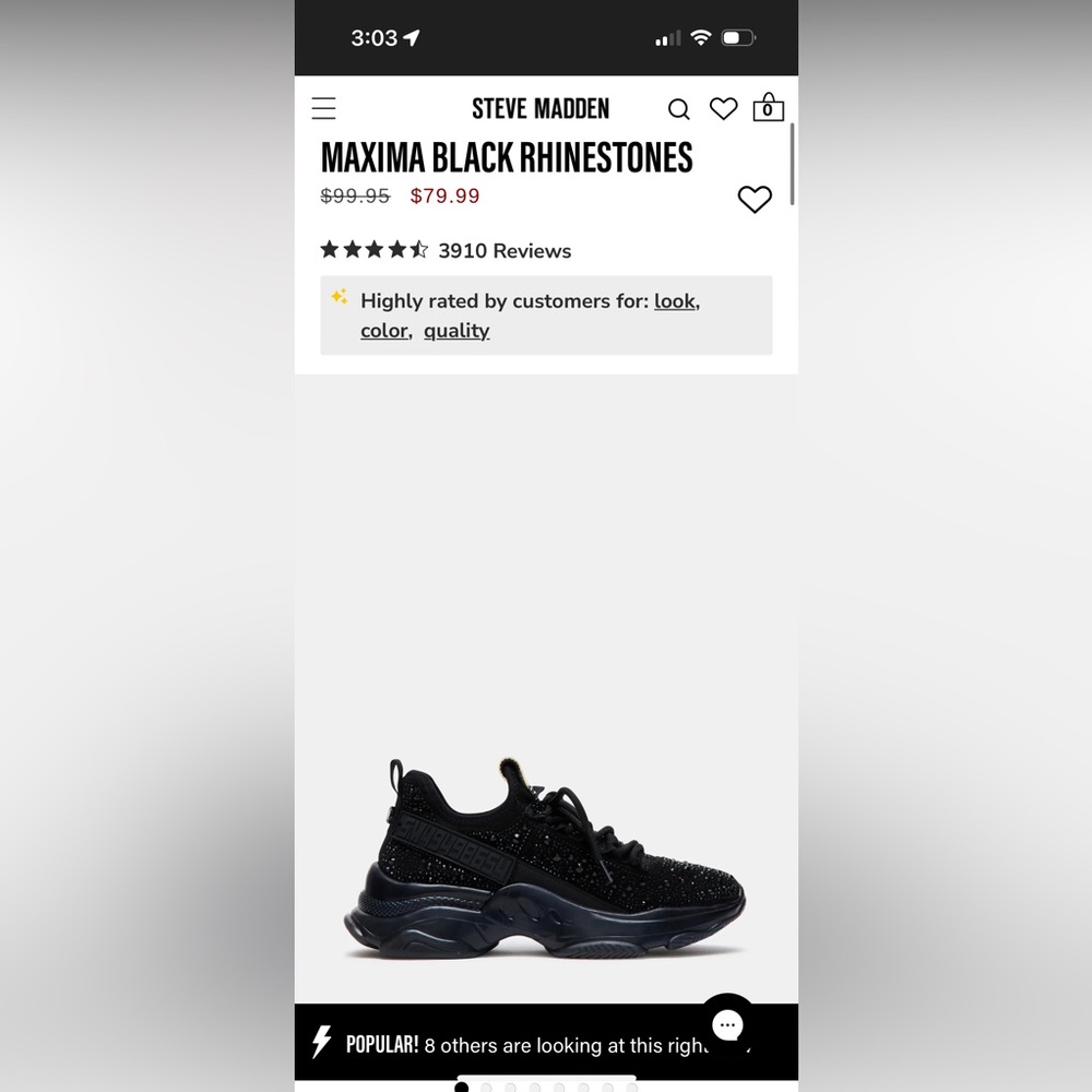 Steve Madden Maxima Black rhinestone Women's Sneakers size 8 worn twice